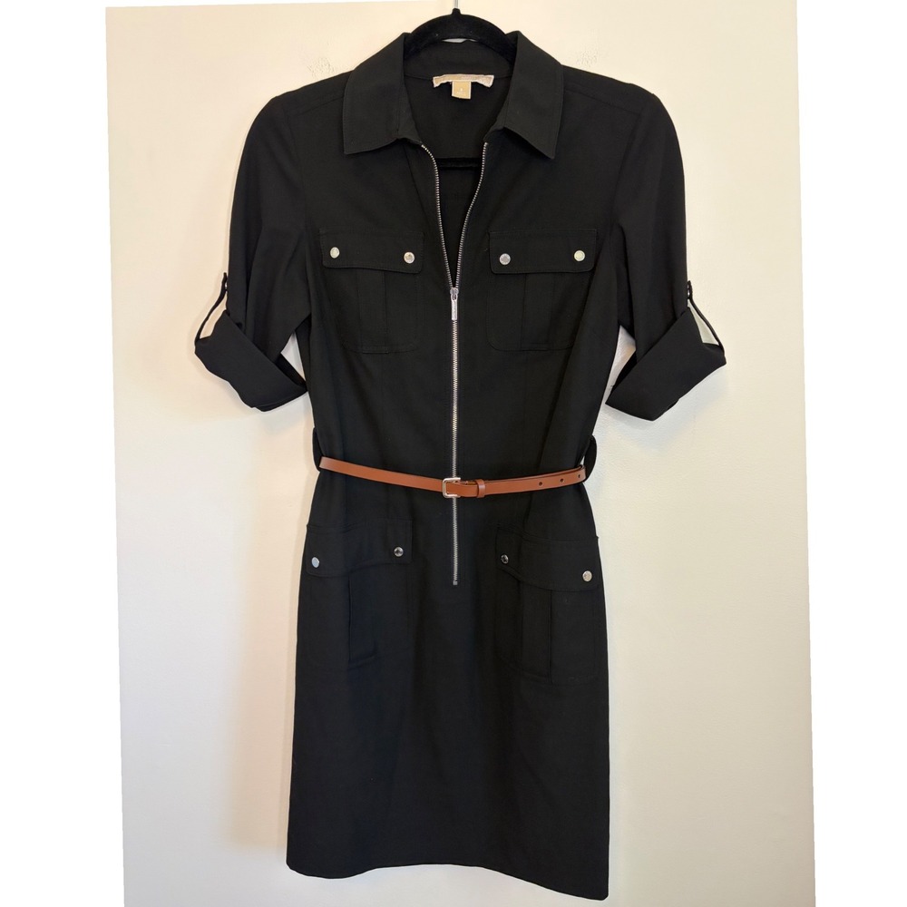 Michael Kors Black Zip Front Utility Safari Shirt Dress Roll Tab Sleeve Womens S